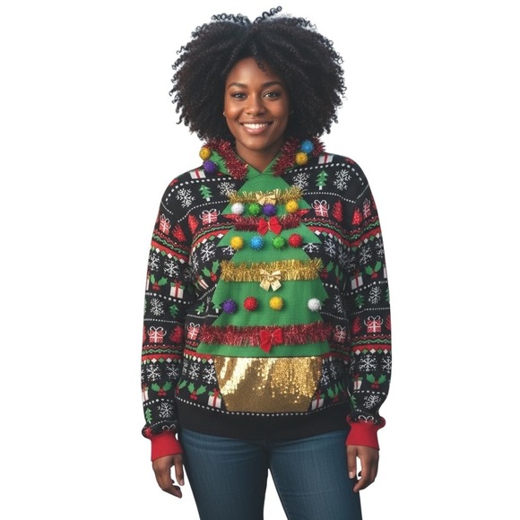 Off The Rack Ugly Christmas Hoodie Sweater Tree Pom Pom Tinsel Gold Sequin XXL - Picture 1 of 11